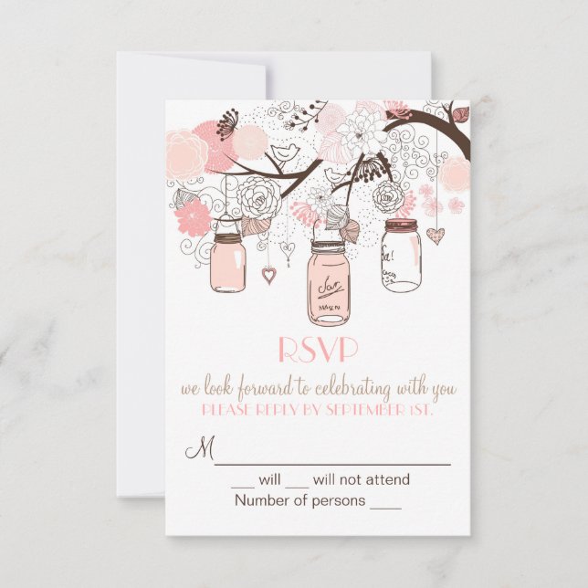 Pink Mason Jars and Love Birds RSVP Wedding Invite (Front)