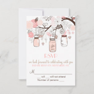 Pink Mason Jars and Love Birds RSVP Wedding Invite