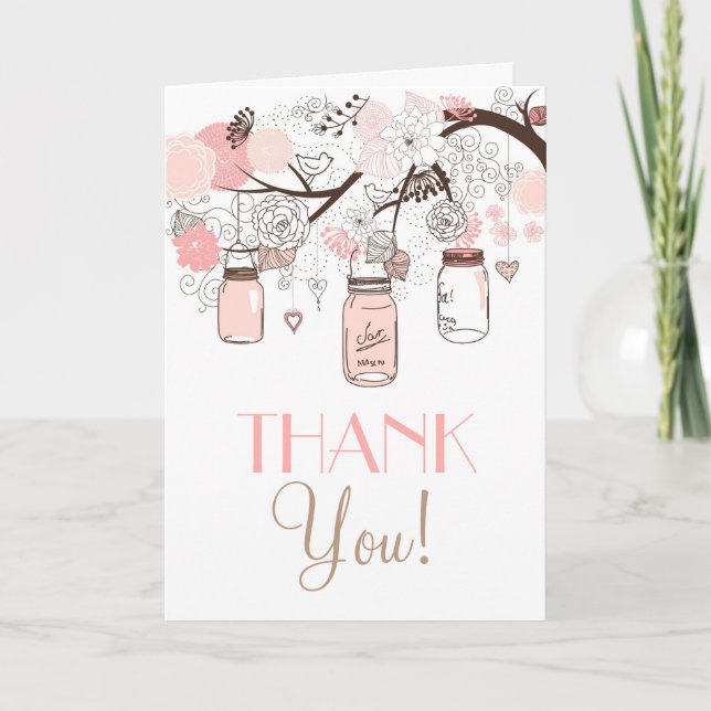 Pink Mason Jars and Love Birds Thank You Card (Front)