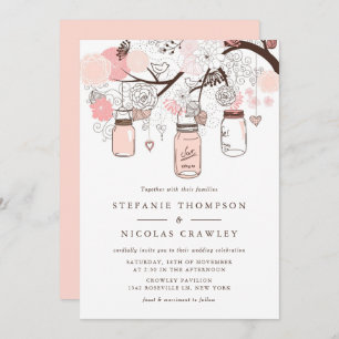 Pink Mason Jars and Love Birds Wedding Invitation