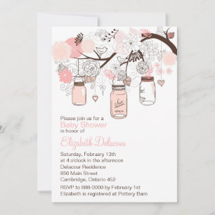 Pink Mason Jars & Lovebirds Baby Shower Invitation