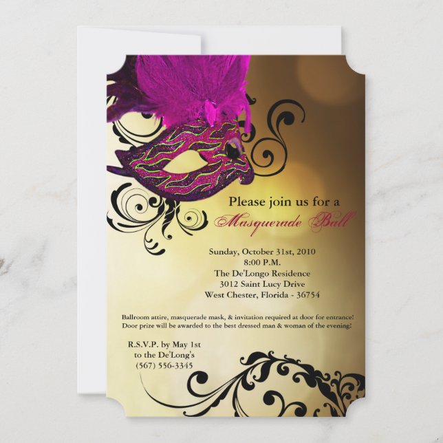 Pink Masquerade Ball Mask Costume Halloween Part Invitation (Front)