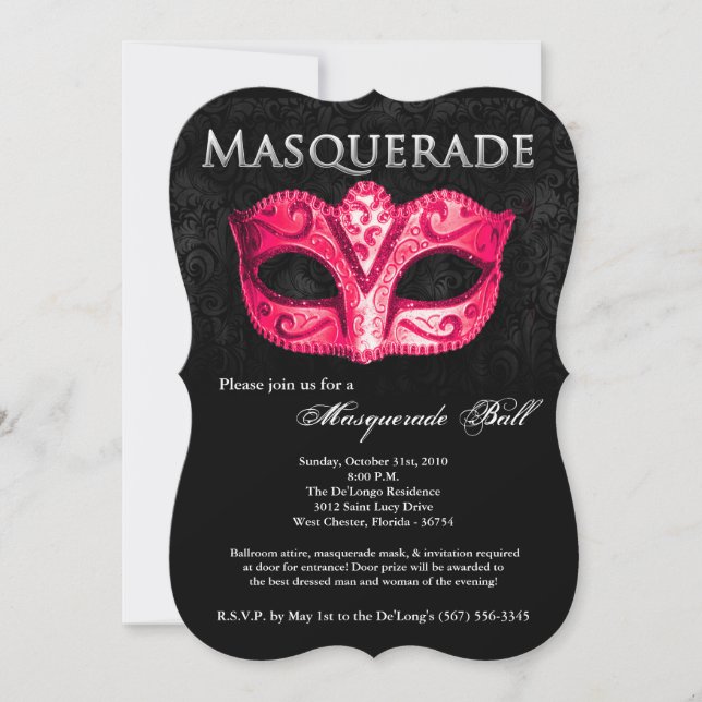 Pink Masquerade Ball Mask Costume Halloween Part Invitation (Front)