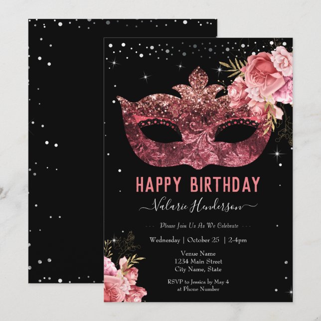 Pink Masquerade Birthday Party Invitation (Front/Back)