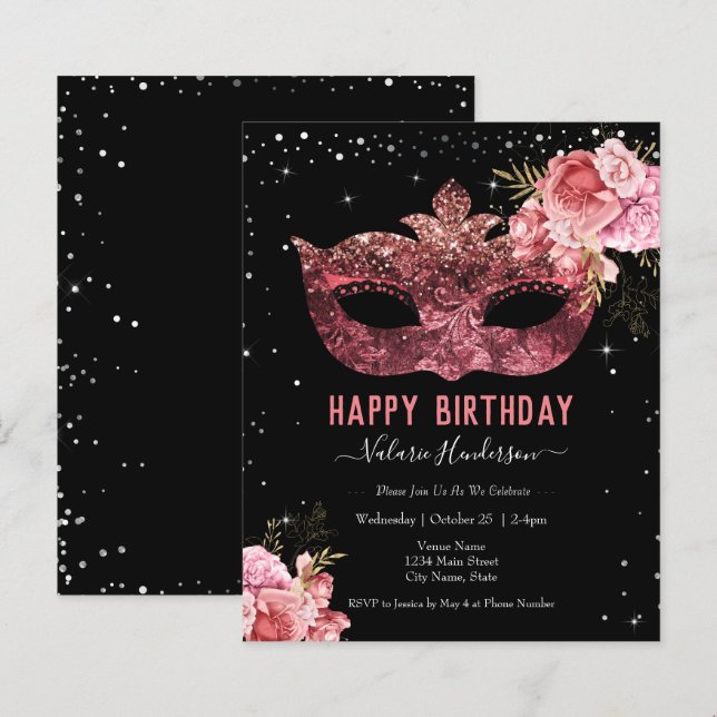 Pink Masquerade Birthday Party Invitation (Front/Back)