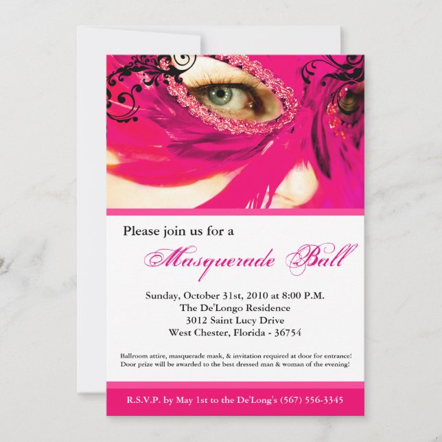 Pink Masquerade Mask Ball Costume Halloween Invitation (Front)
