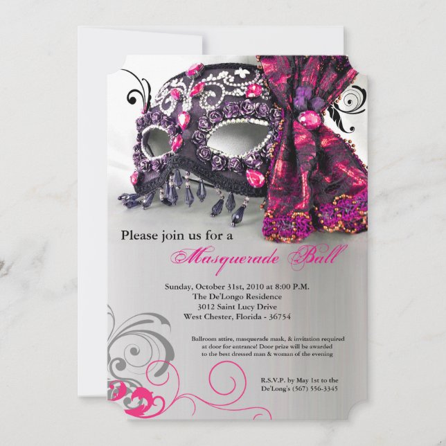 Pink Masquerade Mask Ball Costume Halloween Invitation (Front)