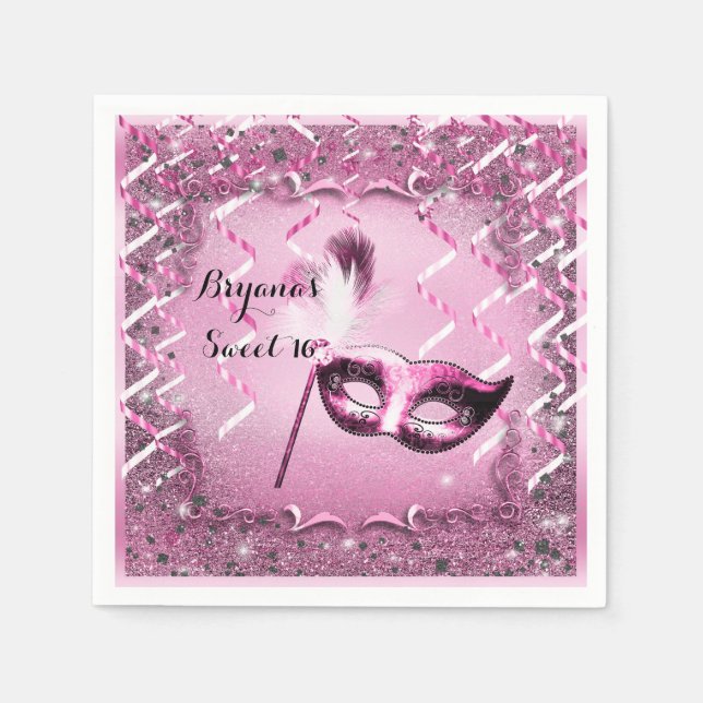 Pink Masquerade Mask Elegant Ball Party Napkin (Front)