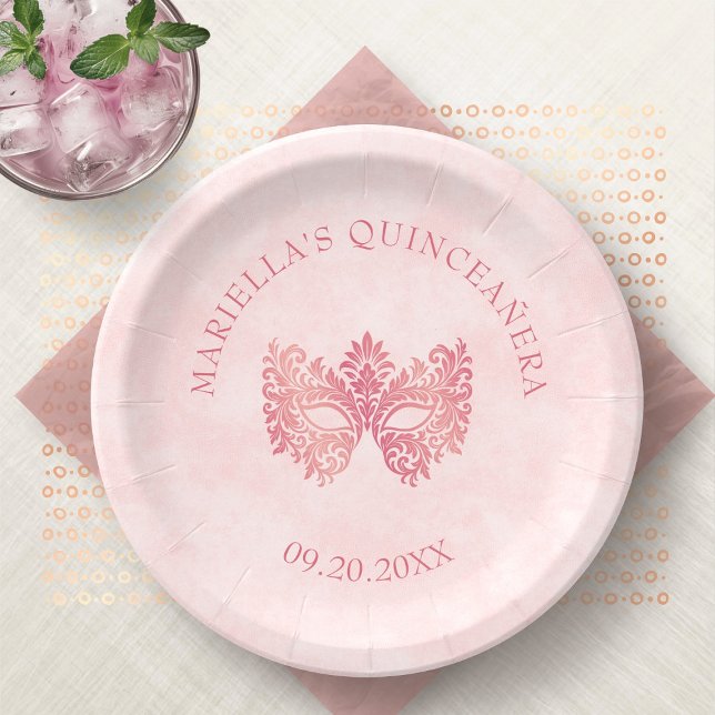 Pink Masquerade Mask Elegant Quinceanera Paper Plate (Creator Uploaded)