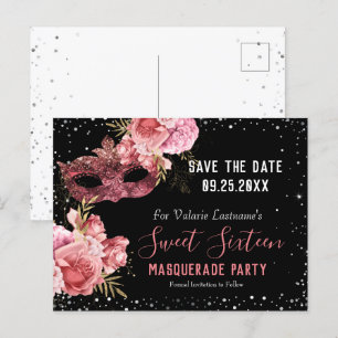 Pink Masquerade Sweet Sixteen Save the Date Postcard