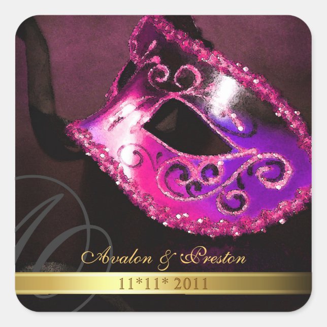 Pink Masquerade Swirl Save The Date Sticker (Front)