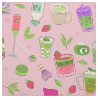 pink matcha tea strawberry smoothie fabric