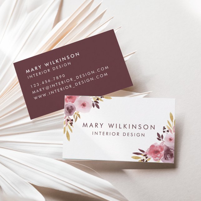 Pink, Mauve, and Purple Watercolor Flower & Leaves Business Card (Pink, Mauve, and Purple Watercolor Flower & Leaves Business Card)