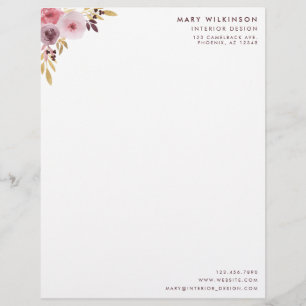 Pink, Mauve, and Purple Watercolor Flower & Leaves Customized Letterhead