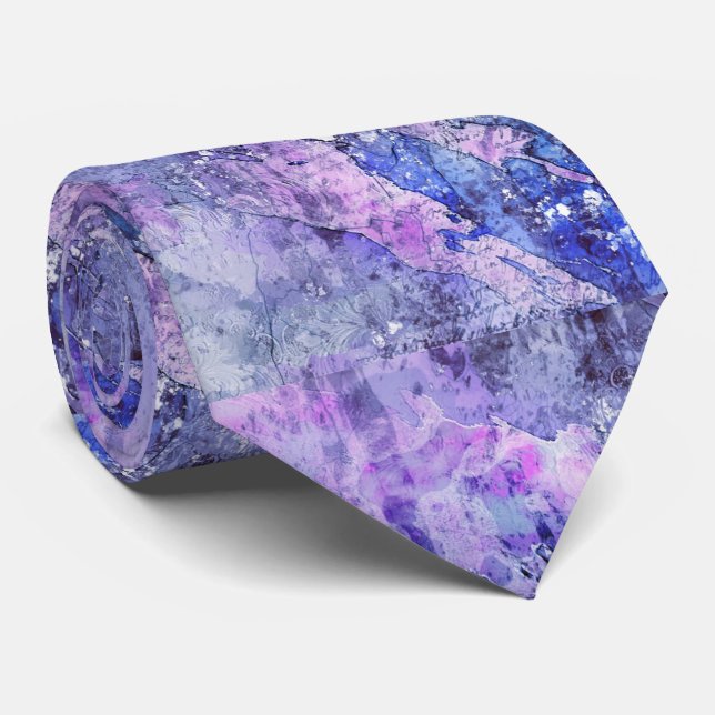 Pink Mauve Blue Purple Abstract Watercolor Art Tie (Rolled)