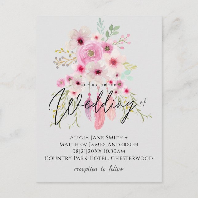 Pink Mauve BOHO Floral Feather Budget Wedding Postcard (Front)