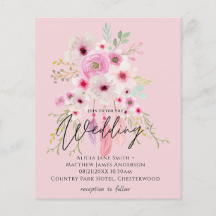 Pink Mauve BOHO Floral Feather Wedding Invitation
