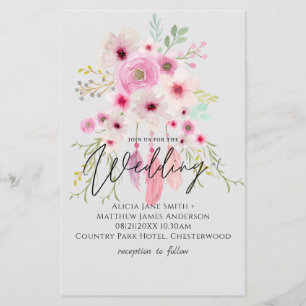 Pink Mauve BOHO Floral Feather Wedding Invitation