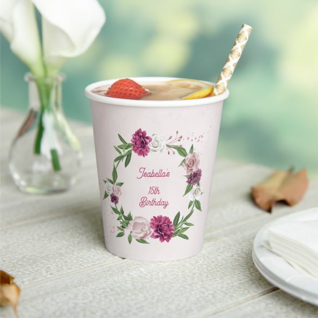 pink mauve burgundy flowers greenery paper cups (Insitu)
