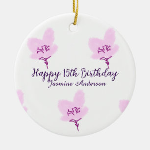 Pink mauve floral 15th birthday quinceanera name d ceramic tree decoration