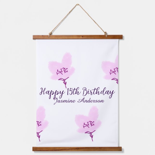 Pink mauve floral 15th birthday quinceanera name d hanging tapestry (Front)