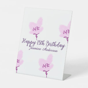 Pink mauve floral 15th birthday quinceanera name d pedestal sign