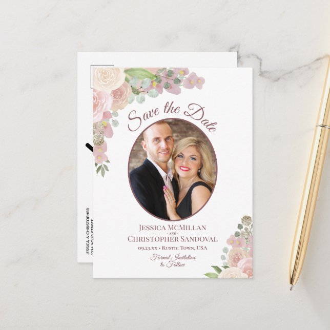 Pink & Mauve Floral Photo Wedding Save the Date Announcement Postcard (Front/Back In Situ)