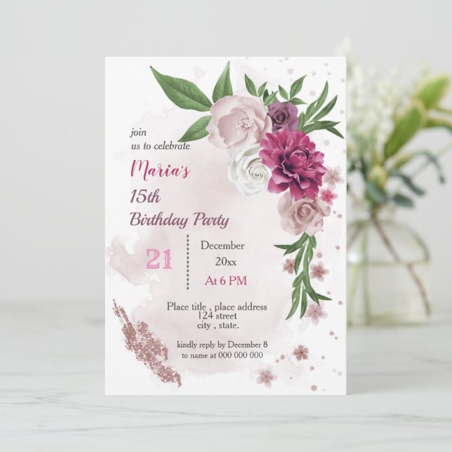 pink mauve flowers & green leaves birthday invitation (Standing Front)
