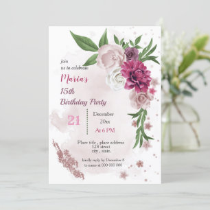 pink mauve flowers & green leaves birthday invitation
