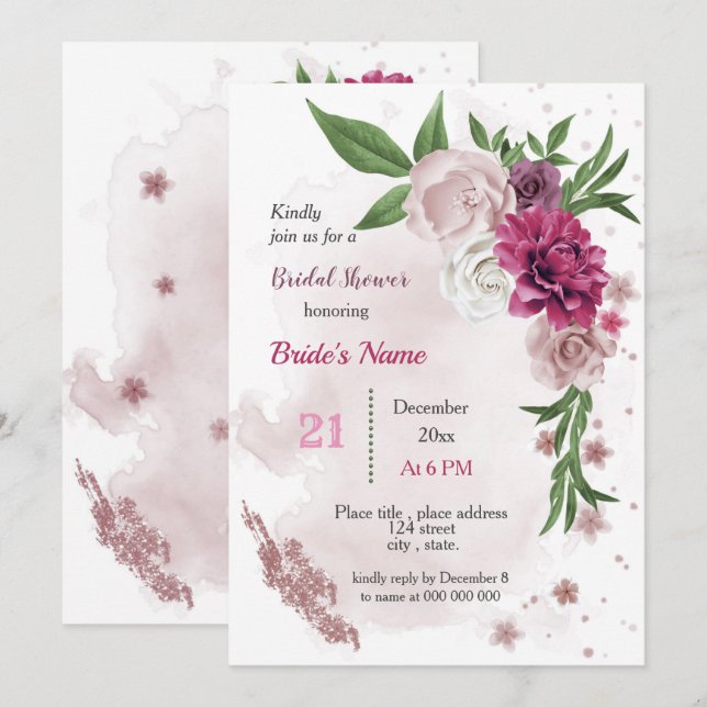 pink mauve flowers & green leaves bridal shower invitation (Front/Back)