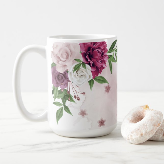 pink mauve flowers greenery coffee mug (With Donut)