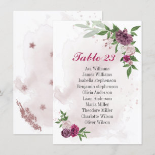 pink mauve flowers greenery seating chart card