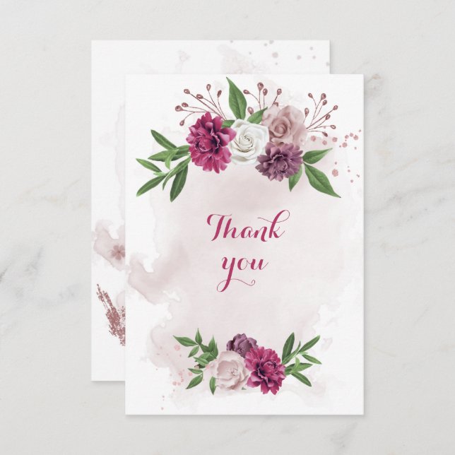 pink mauve flowers greenery thank you card (Front/Back)