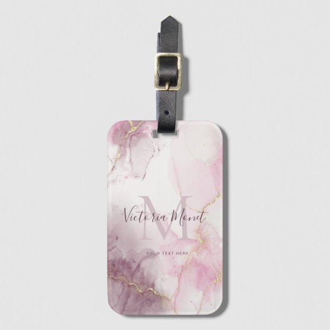 Pink Mauve Gold Vein Marble Script   Luggage Tag (Front Vertical)