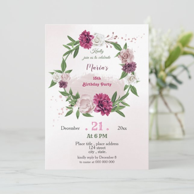 pink mauve greenery botanical wreath birthday invitation (Standing Front)