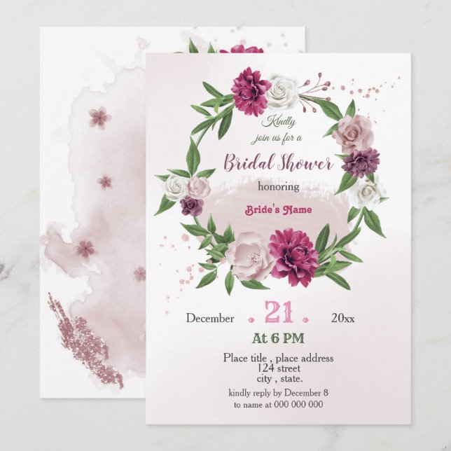 pink mauve greenery botanical wreath bridal shower invitation (Front/Back)