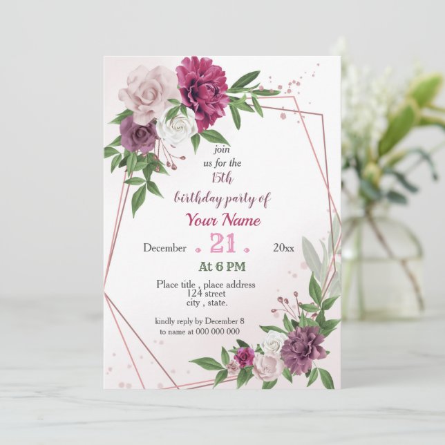 pink mauve greenery geometric birthday invitation (Standing Front)