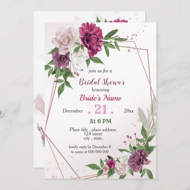 pink mauve greenery geometric bridal shower invitation (Front/Back)