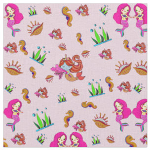 Pink Mauve Mermaids with Seahorses & Shells Fabric