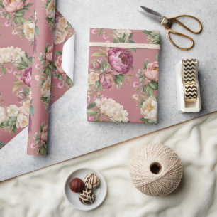Pink Mauve Peony Floral Wreath Bridal Shower Wrapping Paper
