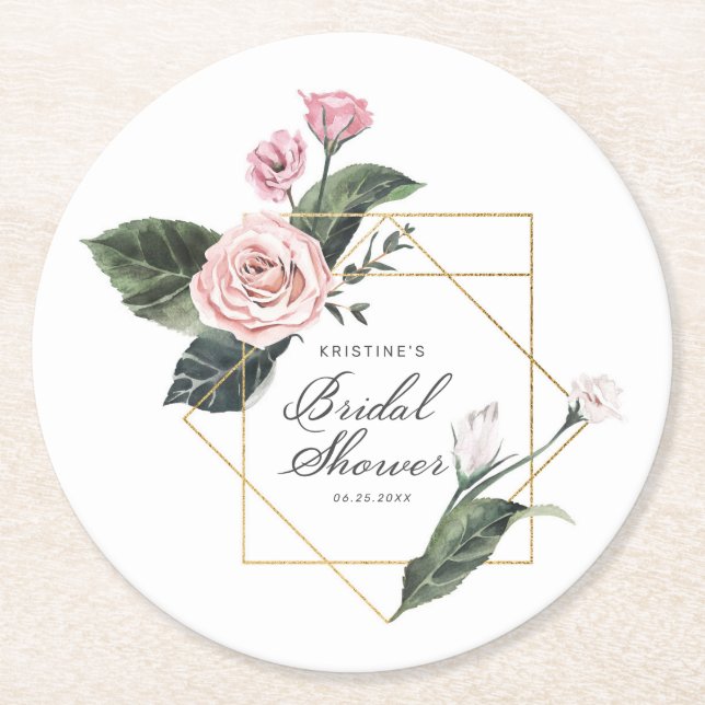 Pink Mauve Rose Floral Gold Frame Bridal Shower Ro Round Paper Coaster (Front)