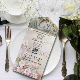 Pink Mauve Sakura Cherry Blossoms Photo QR Code All In One Invitation