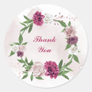 pink mauve white floral wreath classic round sticker