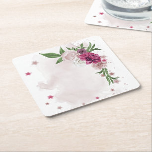 pink mauve white flowers botanical square  paper coaster
