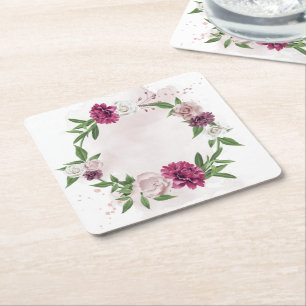 pink mauve white flowers botanical square paper coaster