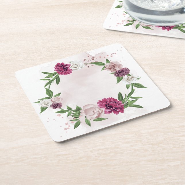 pink mauve white flowers botanical square paper coaster (Angled)