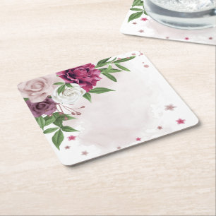 pink mauve white flowers botanical square paper coaster
