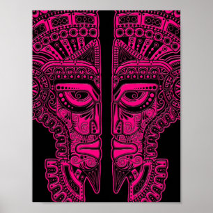 Pink Mayan Twins Mask Illusion on Black Poster