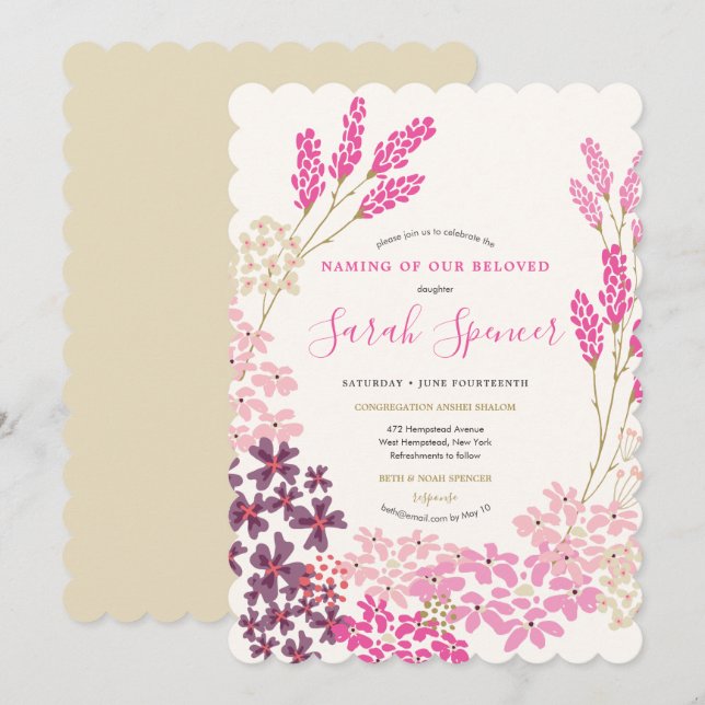 Pink Meadow Baby Naming/Simchat Bat Invitation (Front/Back)