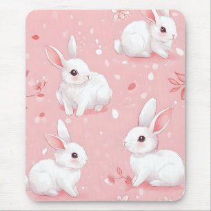 Pink Meadow Bunny Floral Garden Mouse Mat